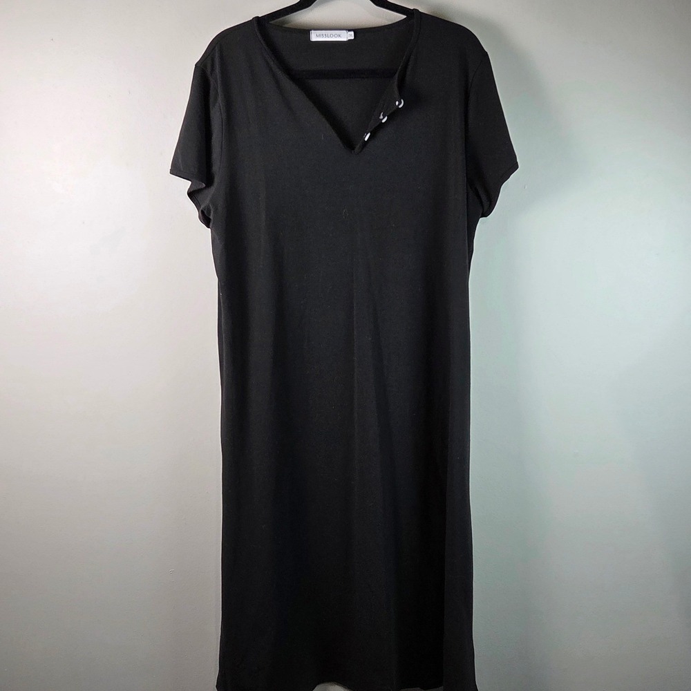 Misslook T-Shirt Dress Women 2XL Black Excellent Split Neck Button Casual Midi